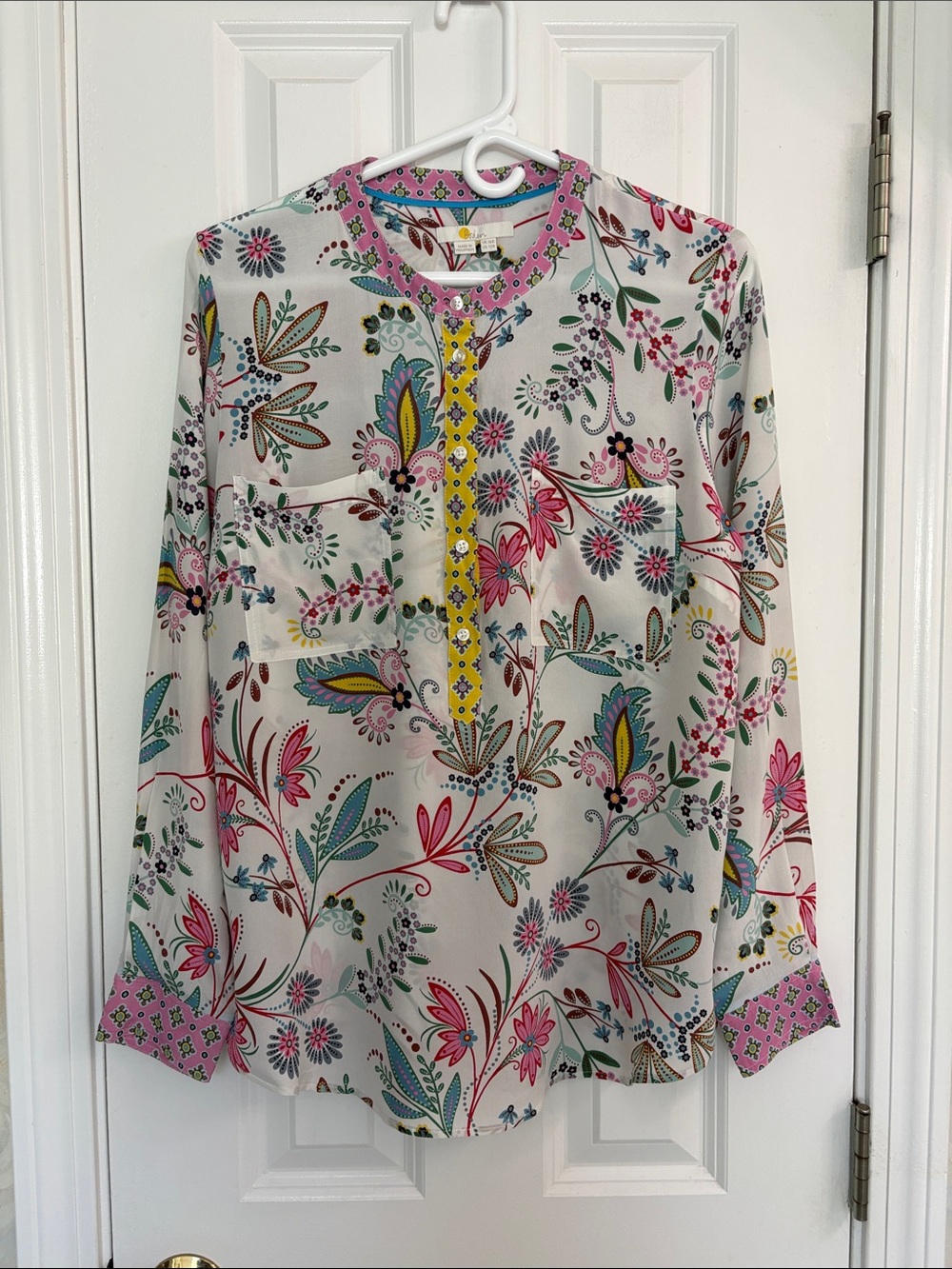 Boden Floral Print with Contrasting Trim Button-Front Silk Blouse